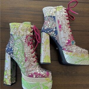 Colorful Embellished Lace-Up Boots